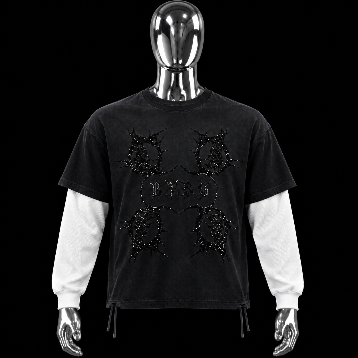 BTBG Black Acid Wash Thermal Longsleeve Shirt w/ Black Stones